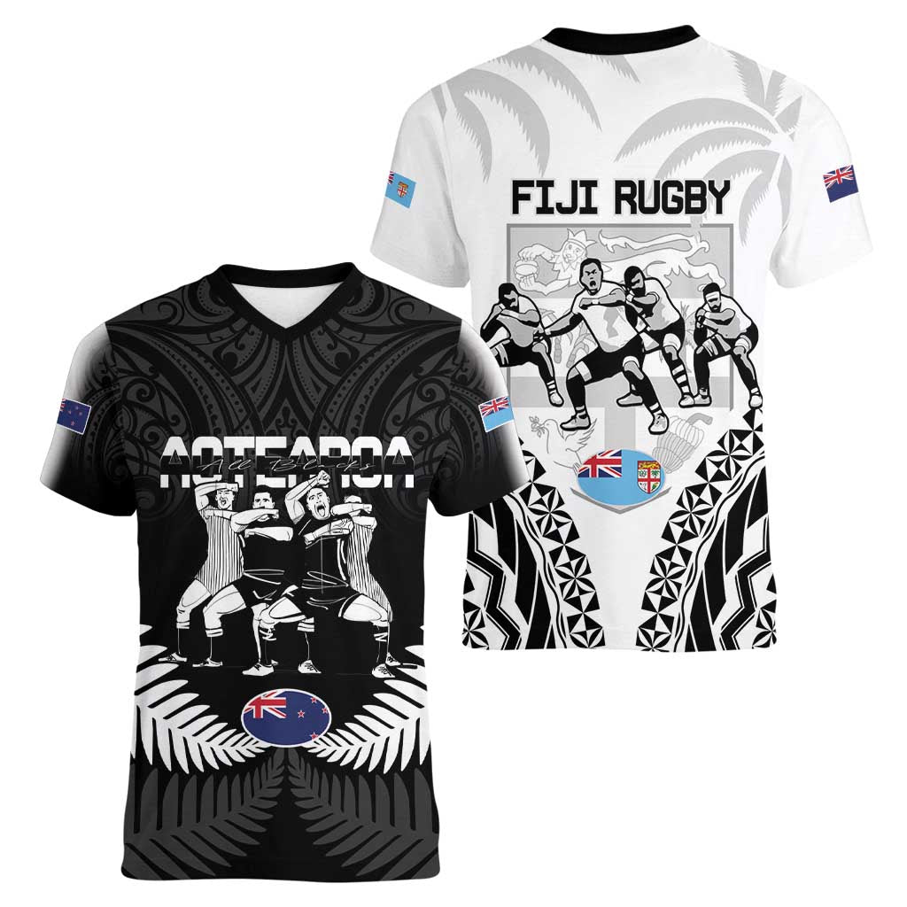 New Zealand And Fiji Tapa Rugby Women V-Neck T-Shirt Haka Dance Mix Cibi Dance Together LT14 - Polynesian Pride