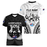 New Zealand And Fiji Tapa Rugby Women V-Neck T-Shirt Haka Dance Mix Cibi Dance Together LT14 - Polynesian Pride