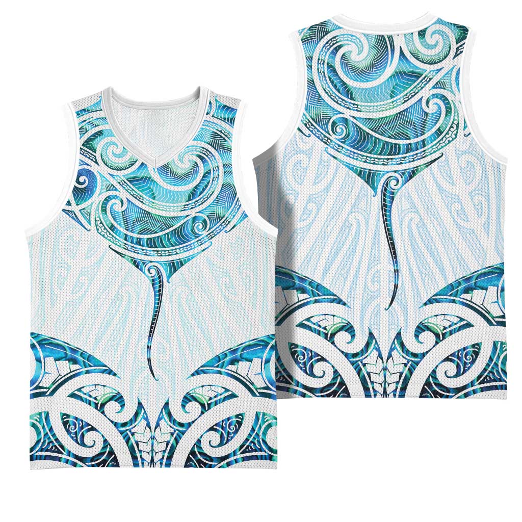New Zealand Manta Ray Tattoo Basketball Jersey Aotearoa Maori Haehae Paua Shell LT14 - Polynesian Pride