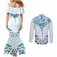 New Zealand Manta Ray Tattoo Couples Matching Mermaid Dress and Long Sleeve Button Shirt Aotearoa Maori Haehae Paua Shell LT14 - Polynesian Pride