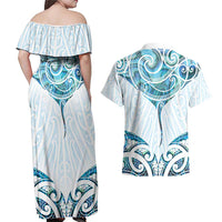 New Zealand Manta Ray Tattoo Couples Matching Off Shoulder Maxi Dress and Hawaiian Shirt Aotearoa Maori Haehae Paua Shell LT14 - Polynesian Pride