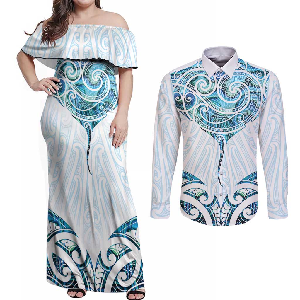 New Zealand Manta Ray Tattoo Couples Matching Off Shoulder Maxi Dress and Long Sleeve Button Shirt Aotearoa Maori Haehae Paua Shell LT14 White - Polynesian Pride
