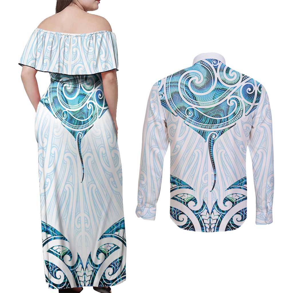 New Zealand Manta Ray Tattoo Couples Matching Off Shoulder Maxi Dress and Long Sleeve Button Shirt Aotearoa Maori Haehae Paua Shell LT14 - Polynesian Pride