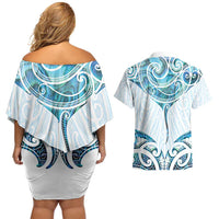 New Zealand Manta Ray Tattoo Couples Matching Off Shoulder Short Dress and Hawaiian Shirt Aotearoa Maori Haehae Paua Shell LT14 - Polynesian Pride