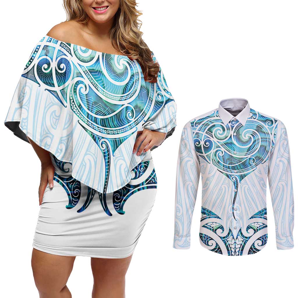 New Zealand Manta Ray Tattoo Couples Matching Off Shoulder Short Dress and Long Sleeve Button Shirt Aotearoa Maori Haehae Paua Shell LT14 White - Polynesian Pride