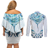 New Zealand Manta Ray Tattoo Couples Matching Off Shoulder Short Dress and Long Sleeve Button Shirt Aotearoa Maori Haehae Paua Shell LT14 - Polynesian Pride