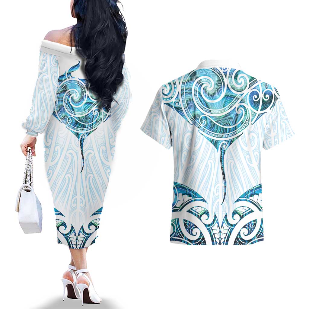 New Zealand Manta Ray Tattoo Couples Matching Off The Shoulder Long Sleeve Dress and Hawaiian Shirt Aotearoa Maori Haehae Paua Shell LT14 - Polynesian Pride