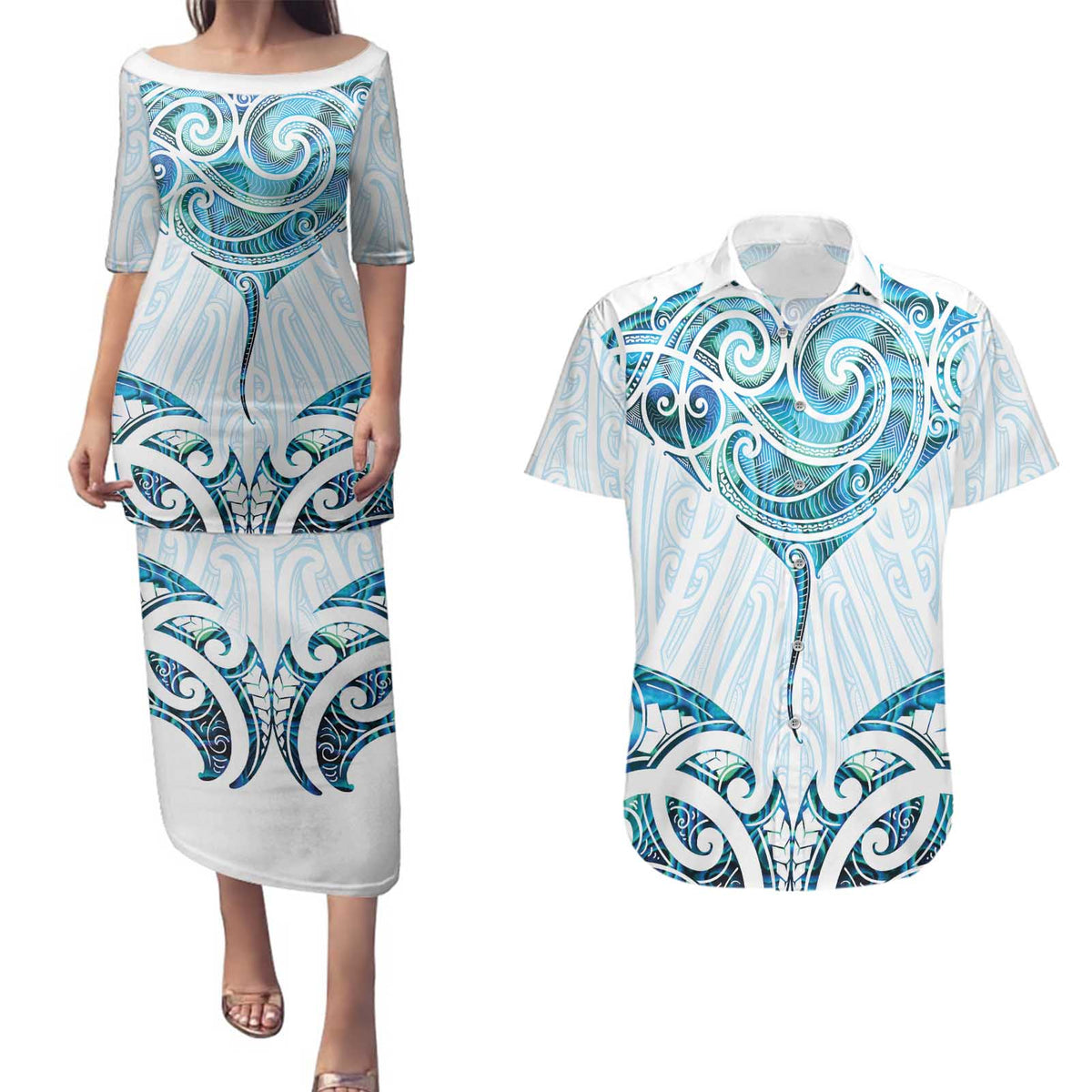 New Zealand Manta Ray Tattoo Couples Matching Puletasi and Hawaiian Shirt Aotearoa Maori Haehae Paua Shell LT14 White - Polynesian Pride