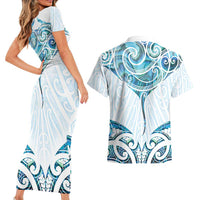 New Zealand Manta Ray Tattoo Couples Matching Short Sleeve Bodycon Dress and Hawaiian Shirt Aotearoa Maori Haehae Paua Shell LT14 - Polynesian Pride