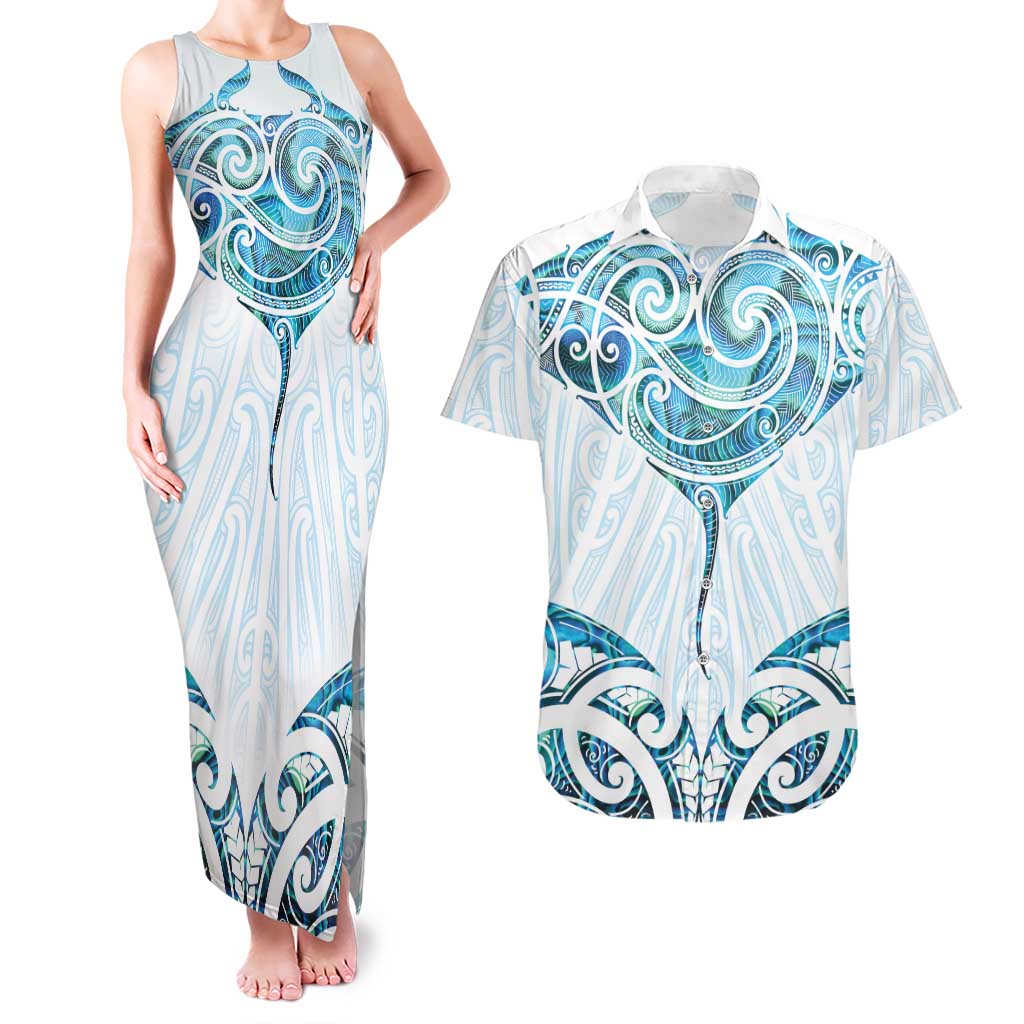 New Zealand Manta Ray Tattoo Couples Matching Tank Maxi Dress and Hawaiian Shirt Aotearoa Maori Haehae Paua Shell LT14 White - Polynesian Pride