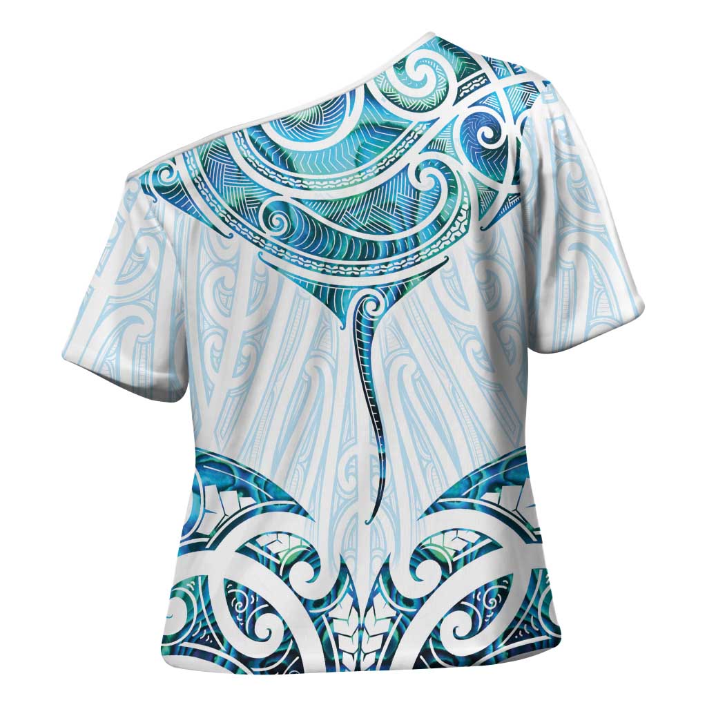 New Zealand Manta Ray Tattoo Cross Shoulder Shirt Aotearoa Maori Haehae Paua Shell LT14 - Polynesian Pride