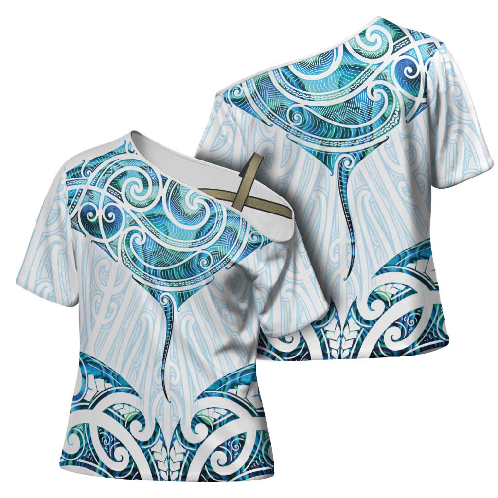 New Zealand Manta Ray Tattoo Cross Shoulder Shirt Aotearoa Maori Haehae Paua Shell LT14 - Polynesian Pride