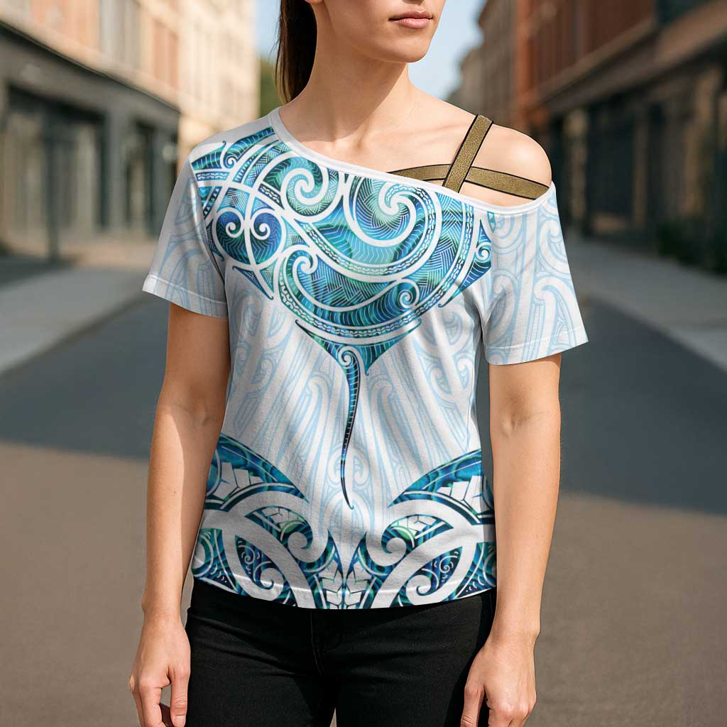 New Zealand Manta Ray Tattoo Cross Shoulder Shirt Aotearoa Maori Haehae Paua Shell LT14 - Polynesian Pride