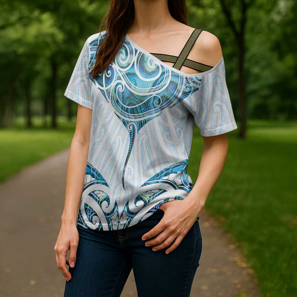 New Zealand Manta Ray Tattoo Cross Shoulder Shirt Aotearoa Maori Haehae Paua Shell LT14 - Polynesian Pride