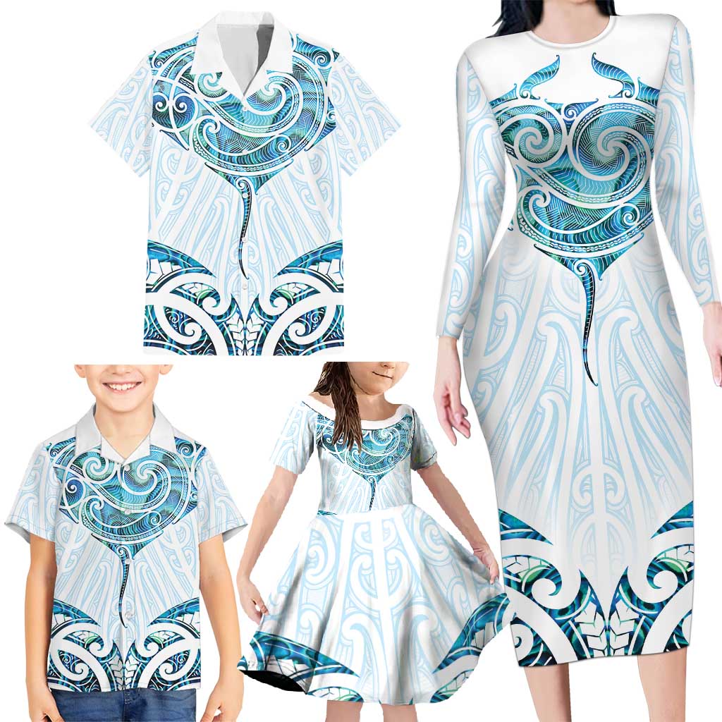 New Zealand Manta Ray Tattoo Family Matching Long Sleeve Bodycon Dress and Hawaiian Shirt Aotearoa Maori Haehae Paua Shell LT14 - Polynesian Pride