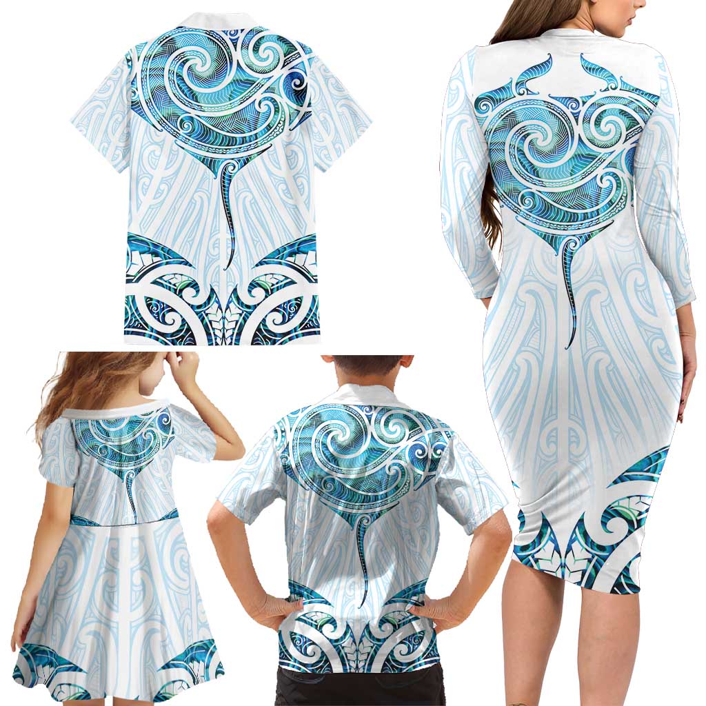 New Zealand Manta Ray Tattoo Family Matching Long Sleeve Bodycon Dress and Hawaiian Shirt Aotearoa Maori Haehae Paua Shell LT14 - Polynesian Pride