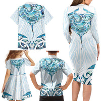 New Zealand Manta Ray Tattoo Family Matching Long Sleeve Bodycon Dress and Hawaiian Shirt Aotearoa Maori Haehae Paua Shell LT14 - Polynesian Pride
