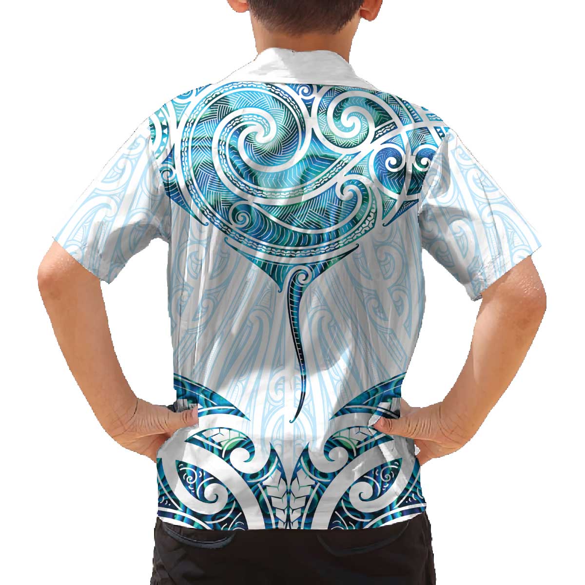 New Zealand Manta Ray Tattoo Family Matching Off The Shoulder Long Sleeve Dress and Hawaiian Shirt Aotearoa Maori Haehae Paua Shell LT14 - Polynesian Pride
