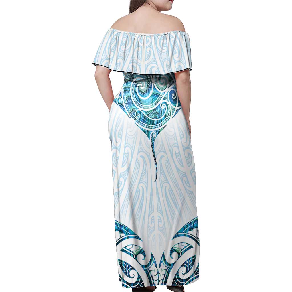 New Zealand Manta Ray Tattoo Family Matching Off Shoulder Maxi Dress and Hawaiian Shirt Aotearoa Maori Haehae Paua Shell LT14 - Polynesian Pride