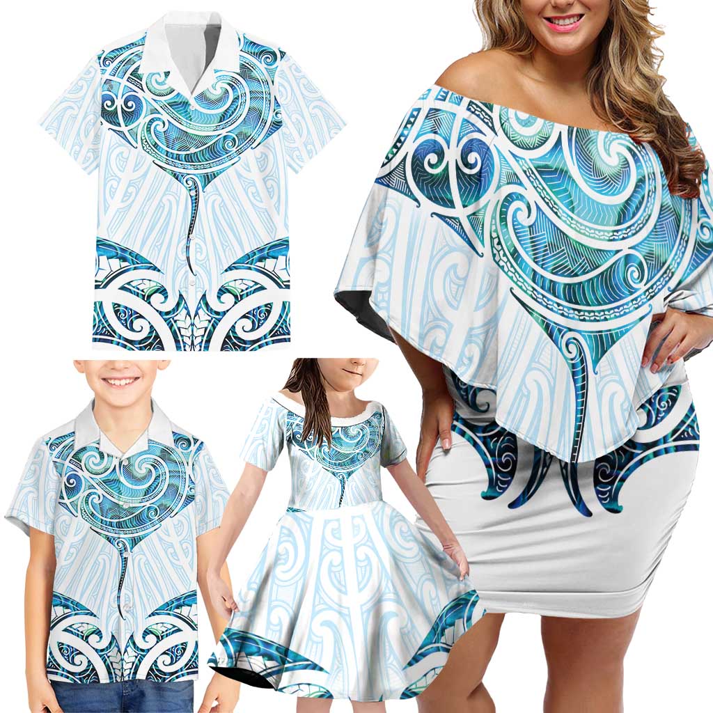 New Zealand Manta Ray Tattoo Family Matching Off Shoulder Short Dress and Hawaiian Shirt Aotearoa Maori Haehae Paua Shell LT14 - Polynesian Pride