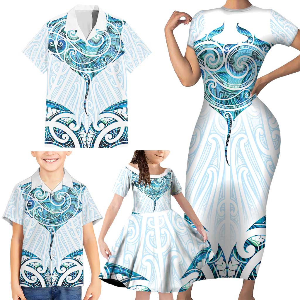 New Zealand Manta Ray Tattoo Family Matching Short Sleeve Bodycon Dress and Hawaiian Shirt Aotearoa Maori Haehae Paua Shell LT14 - Polynesian Pride