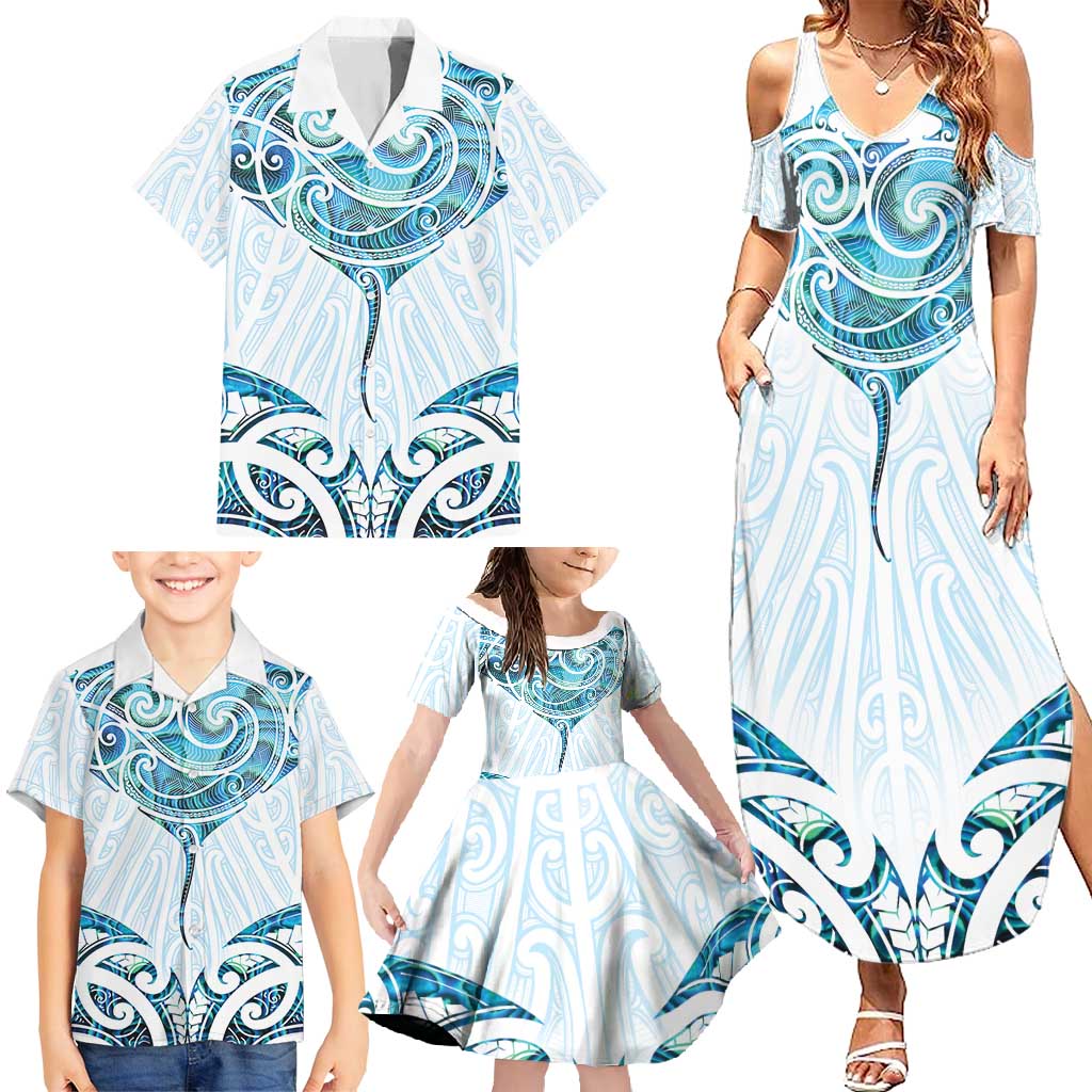 New Zealand Manta Ray Tattoo Family Matching Summer Maxi Dress and Hawaiian Shirt Aotearoa Maori Haehae Paua Shell LT14 - Polynesian Pride