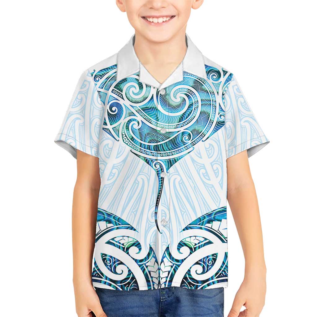 New Zealand Manta Ray Tattoo Family Matching Tank Maxi Dress and Hawaiian Shirt Aotearoa Maori Haehae Paua Shell LT14 Son's Shirt White - Polynesian Pride