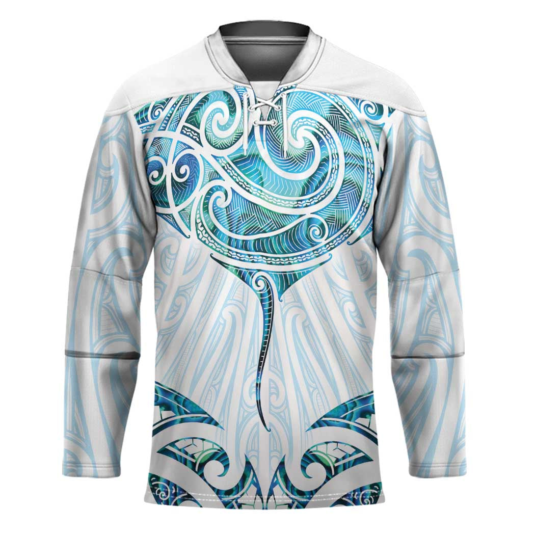 New Zealand Manta Ray Tattoo Hockey Jersey Aotearoa Maori Haehae Paua Shell LT14 Unisex White - Polynesian Pride