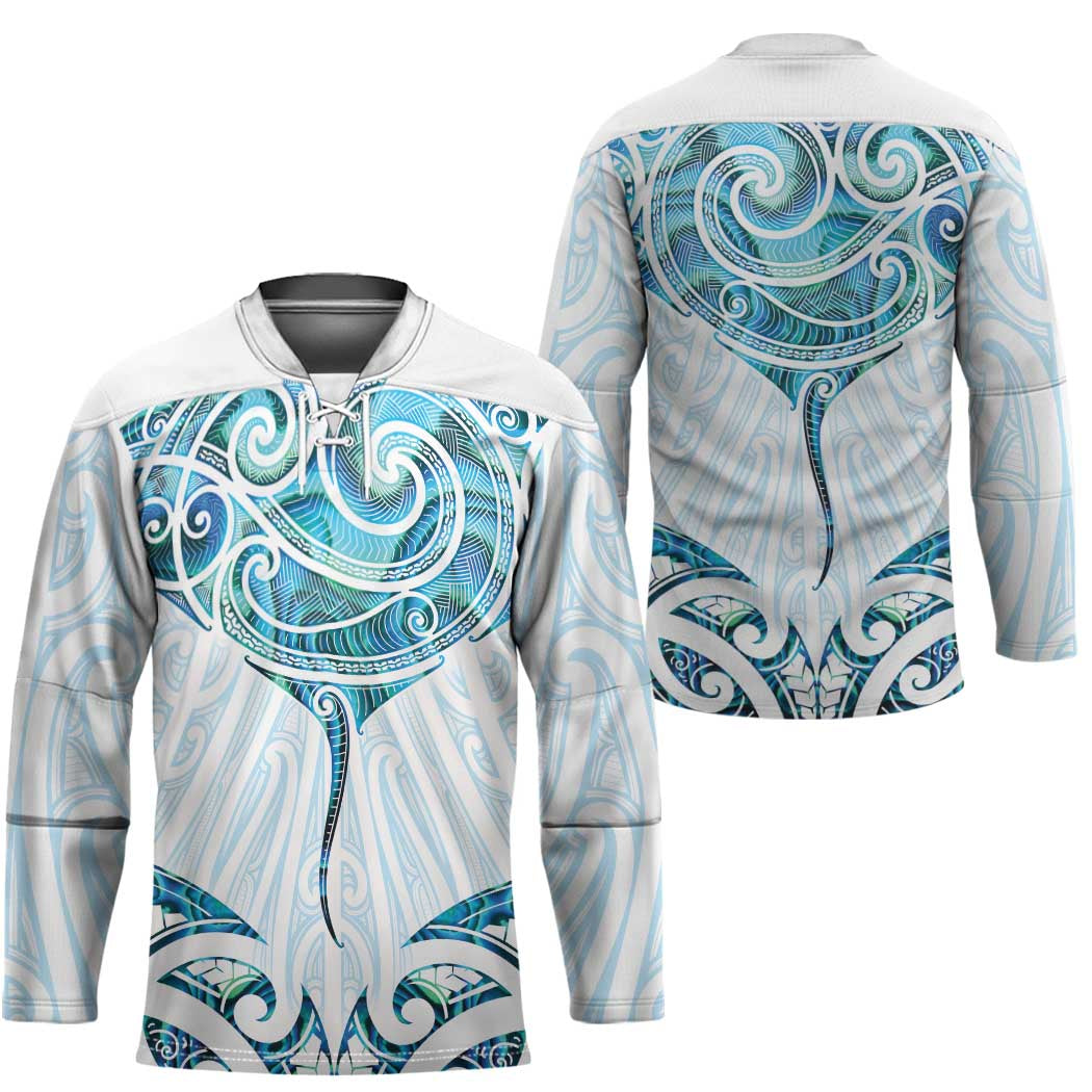 New Zealand Manta Ray Tattoo Hockey Jersey Aotearoa Maori Haehae Paua Shell LT14 - Polynesian Pride
