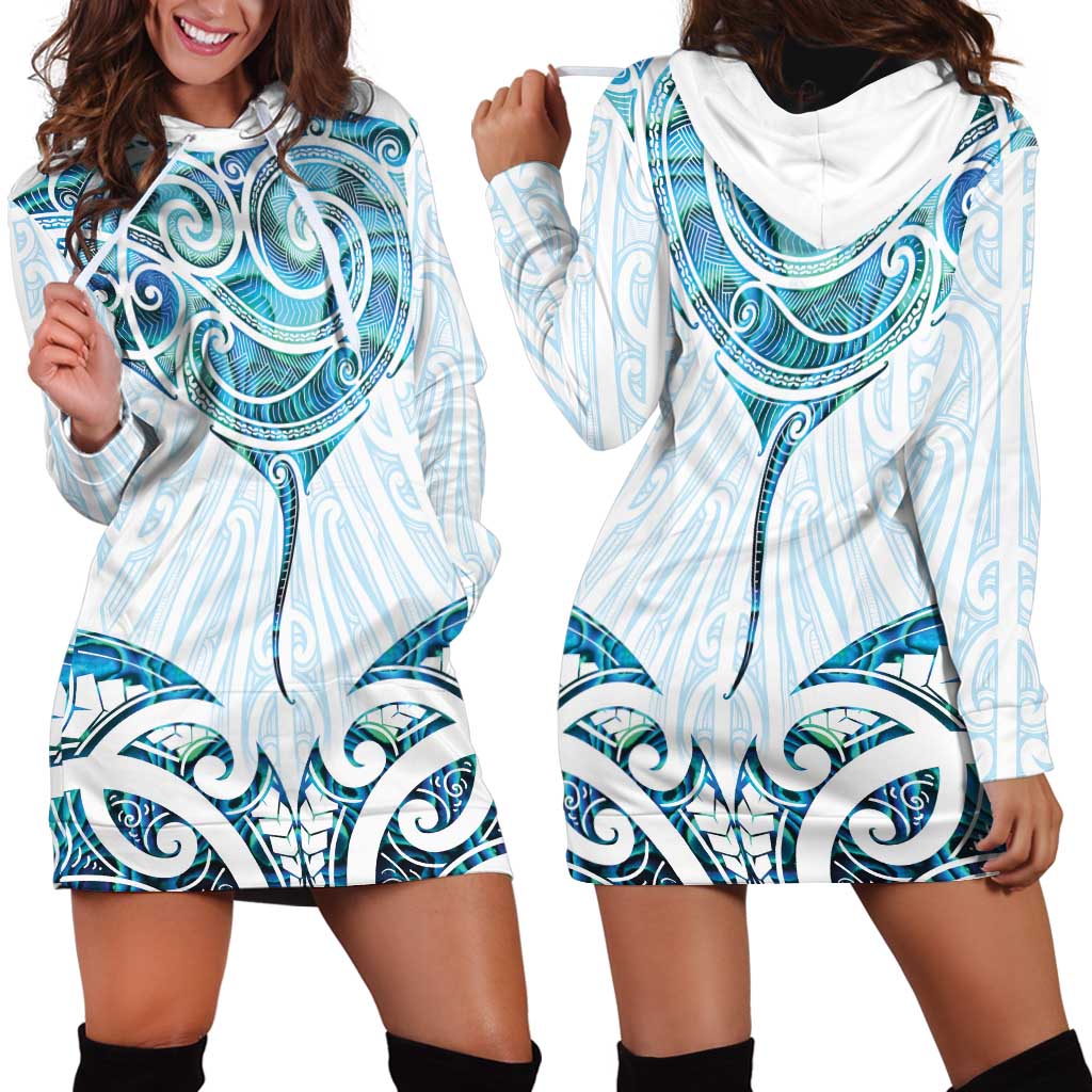 New Zealand Manta Ray Tattoo Hoodie Dress Aotearoa Maori Haehae Paua Shell LT14 - Polynesian Pride