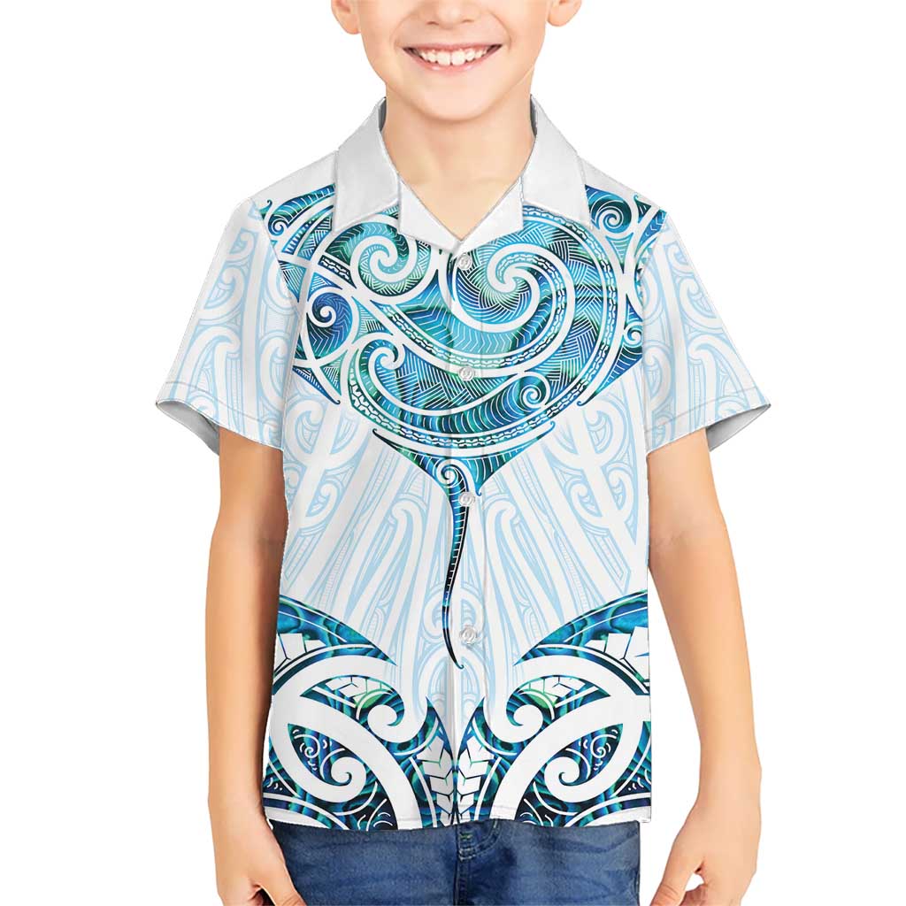 New Zealand Manta Ray Tattoo Kid Hawaiian Shirt Aotearoa Maori Haehae Paua Shell LT14 Kid White - Polynesian Pride