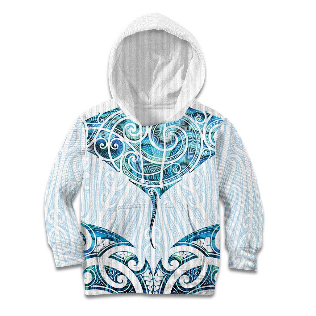 New Zealand Manta Ray Tattoo Kid Hoodie Aotearoa Maori Haehae Paua Shell LT14 Hoodie White - Polynesian Pride