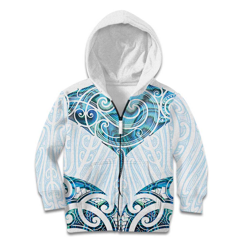 New Zealand Manta Ray Tattoo Kid Hoodie Aotearoa Maori Haehae Paua Shell LT14 Zip Hoodie White - Polynesian Pride