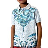 New Zealand Manta Ray Tattoo Kid Polo Shirt Aotearoa Maori Haehae Paua Shell LT14 Kid White - Polynesian Pride