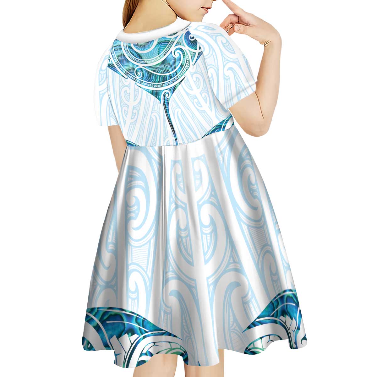 New Zealand Manta Ray Tattoo Kid Short Sleeve Dress Aotearoa Maori Haehae Paua Shell LT14 - Polynesian Pride