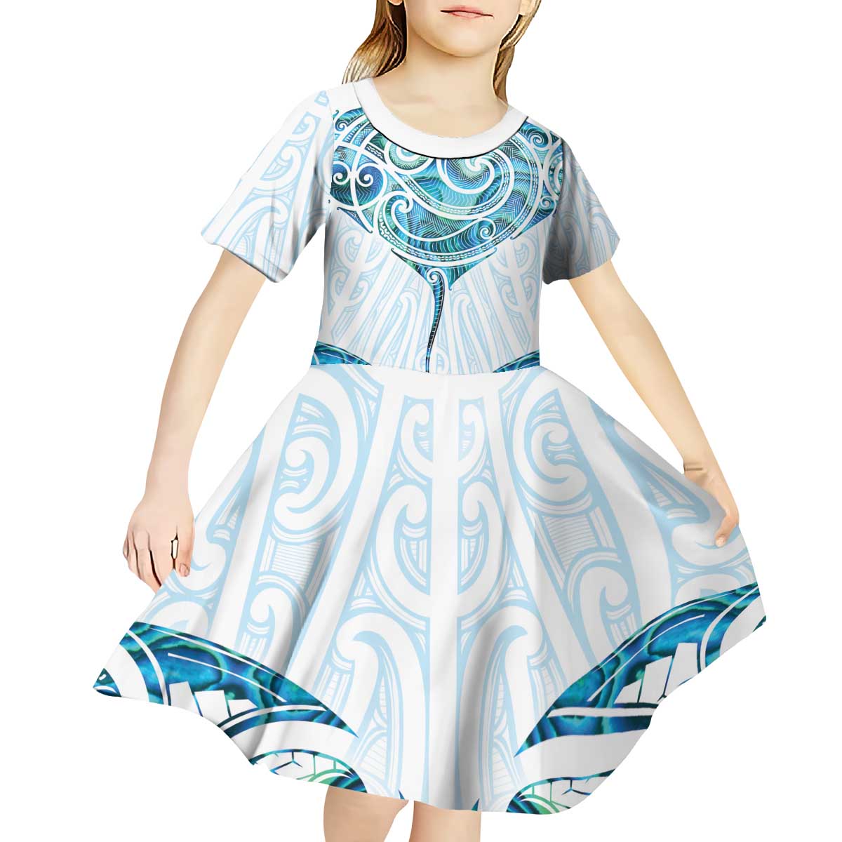 New Zealand Manta Ray Tattoo Kid Short Sleeve Dress Aotearoa Maori Haehae Paua Shell LT14 - Polynesian Pride