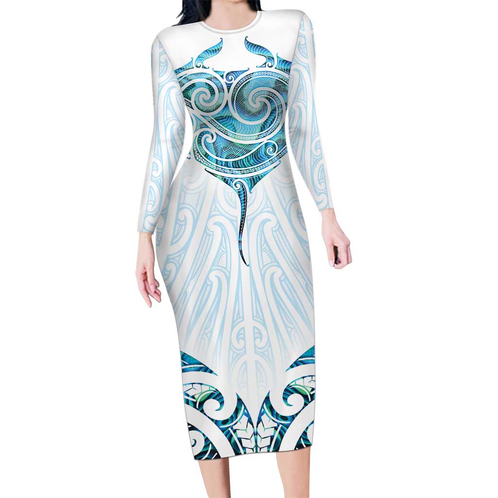 New Zealand Manta Ray Tattoo Long Sleeve Bodycon Dress Aotearoa Maori Haehae Paua Shell LT14 Long Dress White - Polynesian Pride