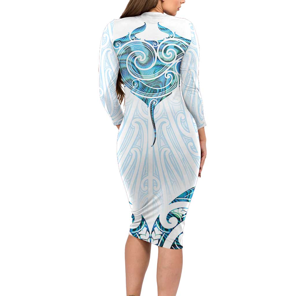 New Zealand Manta Ray Tattoo Long Sleeve Bodycon Dress Aotearoa Maori Haehae Paua Shell LT14 - Polynesian Pride
