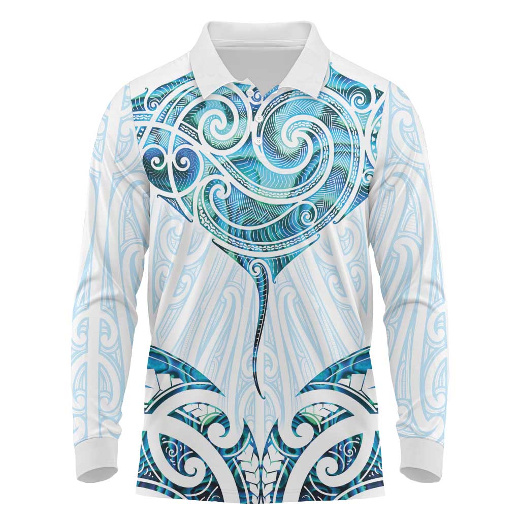 New Zealand Manta Ray Tattoo Long Sleeve Polo Shirt Aotearoa Maori Haehae Paua Shell LT14 White - Polynesian Pride