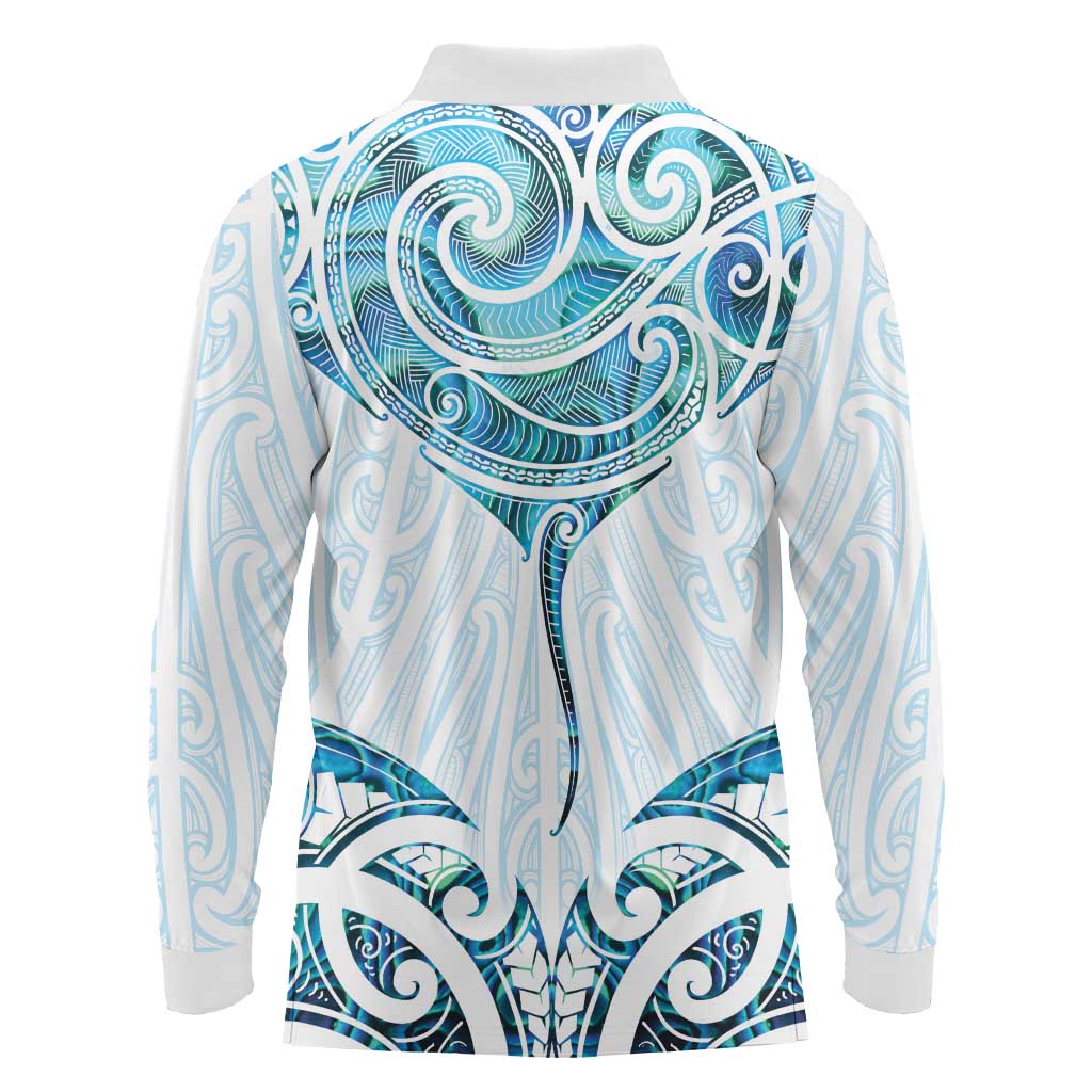 New Zealand Manta Ray Tattoo Long Sleeve Polo Shirt Aotearoa Maori Haehae Paua Shell LT14 - Polynesian Pride