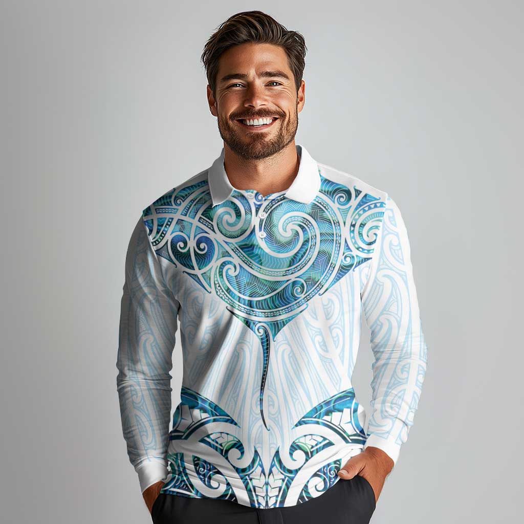 New Zealand Manta Ray Tattoo Long Sleeve Polo Shirt Aotearoa Maori Haehae Paua Shell LT14 - Polynesian Pride