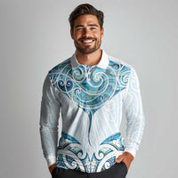New Zealand Manta Ray Tattoo Long Sleeve Polo Shirt Aotearoa Maori Haehae Paua Shell LT14 - Polynesian Pride