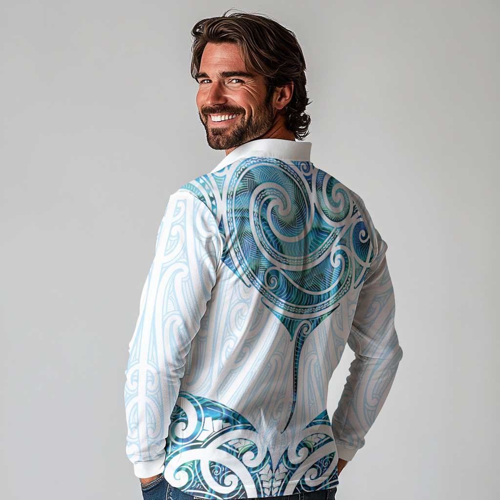 New Zealand Manta Ray Tattoo Long Sleeve Polo Shirt Aotearoa Maori Haehae Paua Shell LT14 - Polynesian Pride