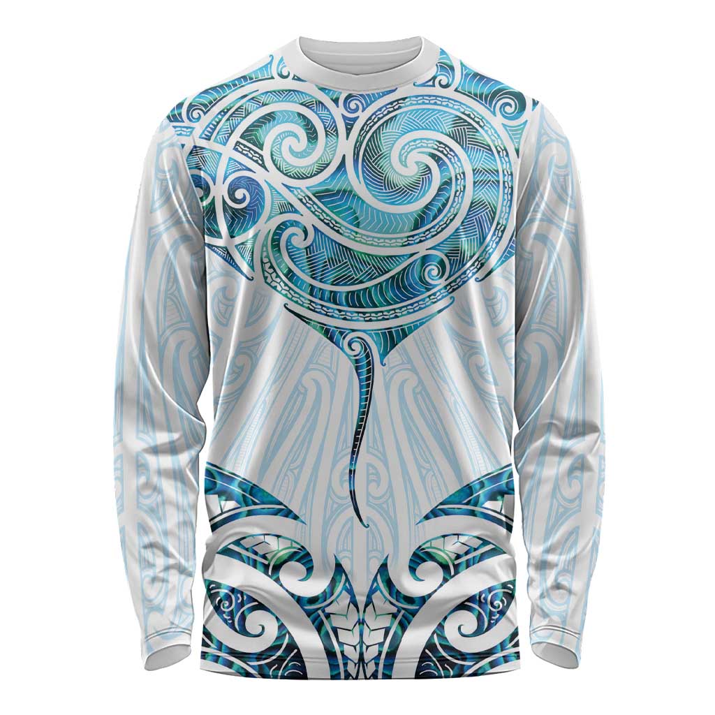 New Zealand Manta Ray Tattoo Long Sleeve Shirt Aotearoa Maori Haehae Paua Shell LT14 Unisex White - Polynesian Pride