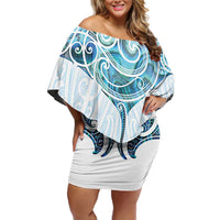 New Zealand Manta Ray Tattoo Off Shoulder Short Dress Aotearoa Maori Haehae Paua Shell LT14 Women White - Polynesian Pride