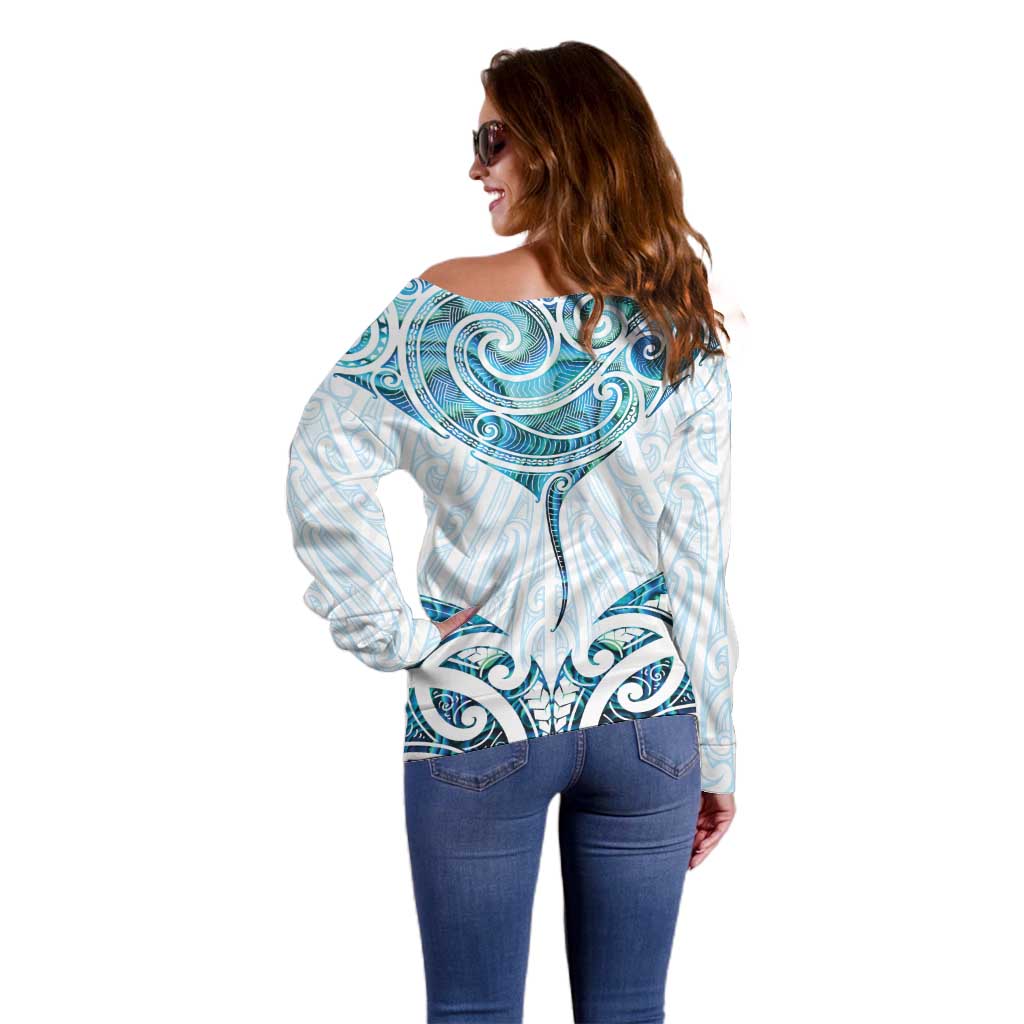 New Zealand Manta Ray Tattoo Off Shoulder Sweater Aotearoa Maori Haehae Paua Shell - Polynesian Pride