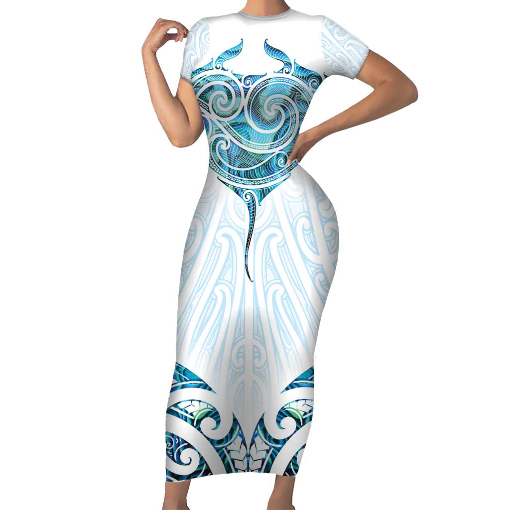 New Zealand Manta Ray Tattoo Short Sleeve Bodycon Dress Aotearoa Maori Haehae Paua Shell LT14 Long Dress White - Polynesian Pride