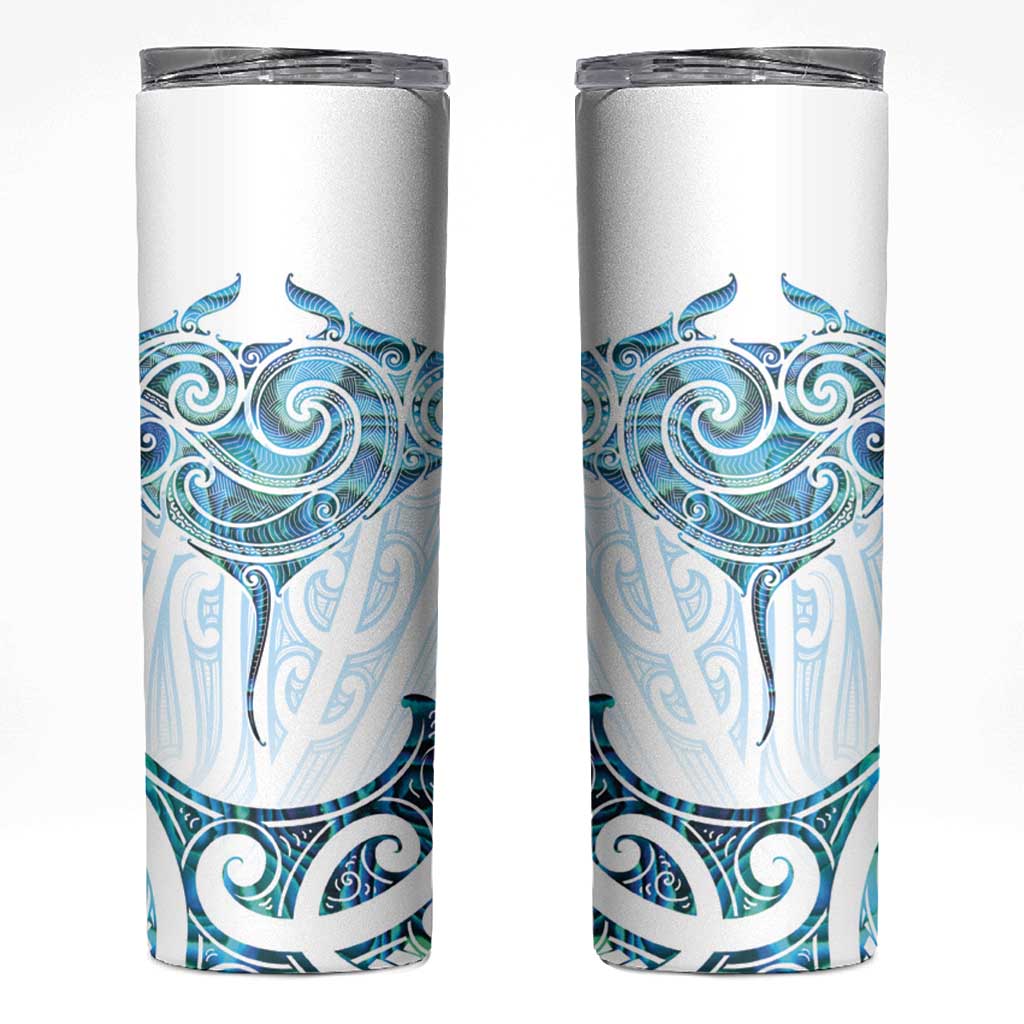 New Zealand Manta Ray Tattoo Skinny Tumbler Aotearoa Maori Haehae Paua Shell LT14 White - Polynesian Pride