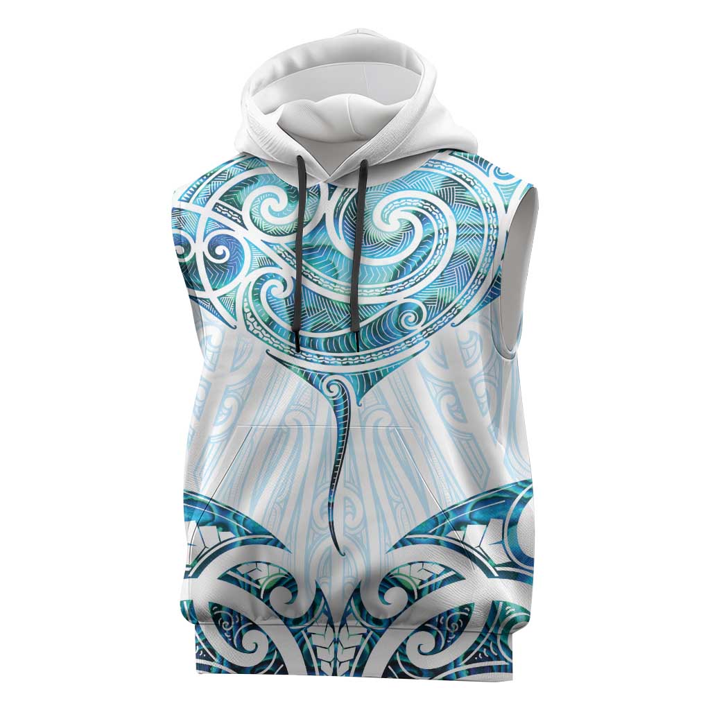 New Zealand Manta Ray Tattoo Sleeveless Hoodie Aotearoa Maori Haehae Paua Shell LT14 White - Polynesian Pride