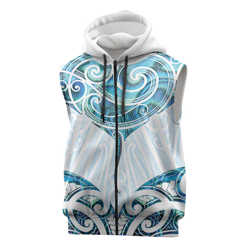 New Zealand Manta Ray Tattoo Sleeveless Zip Hoodie Aotearoa Maori Haehae Paua Shell LT14 White - Polynesian Pride